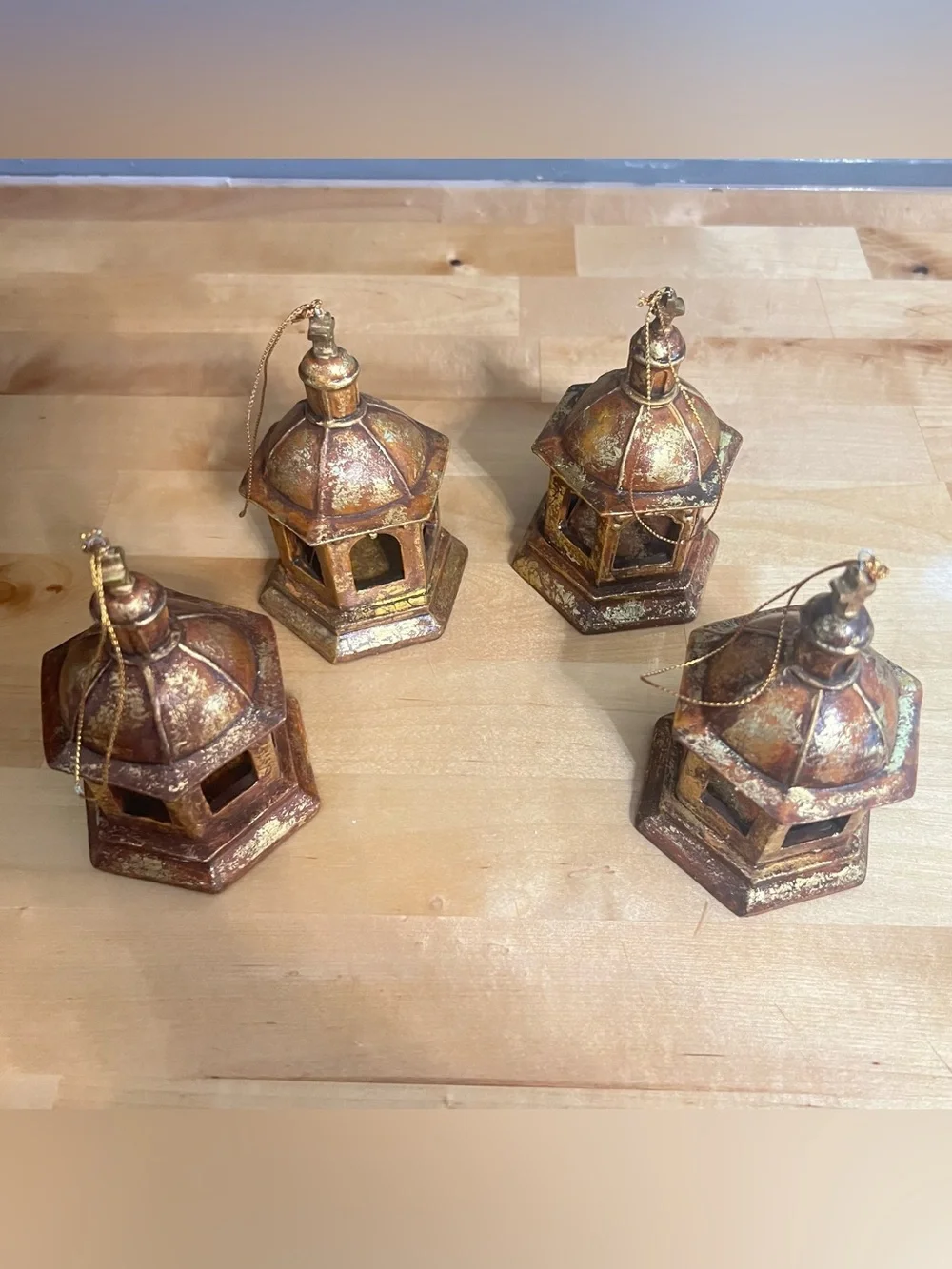 3”x5” Miniature Bell Lanterns Christmas Ornament Lot Gold/Bronze Finish (4)